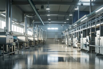 Fototapeta premium Modern Dairy Barn with Automated Milking Equipment Amidst a Clean Facility Environment