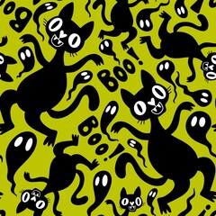 Halloween animals seamless cats and pumpkins pattern for wrapping paper