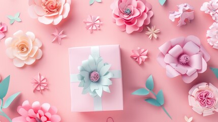 DIY Mother s Day Idea Overhead Image of Handcrafted Paper Flowers Home made Gift Box for Mom on Pastel Pink Background