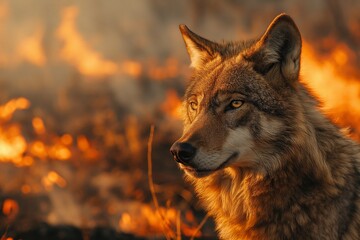 Fototapeta premium The golden hour sun illuminates a wolf in profile with a blurred fire engulfing the background, creating an atmosphere of wild beauty