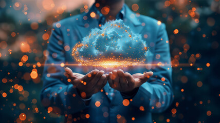 Businessman Holding a Glowing Cloud Computing Icon