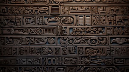 Carved stone wall with ancient symbols. Mysterious background with Mayan or Aztec motifs. 3D illustration.
