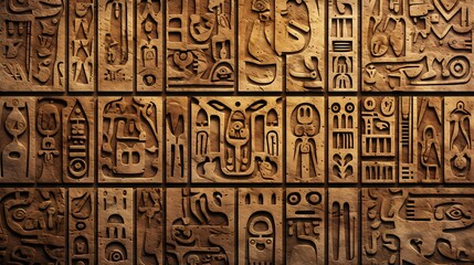 3D rendering of an ancient stone wall with hieroglyphs. The hieroglyphs are carved into the stone and depict various Egyptian gods and symbols.