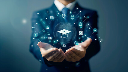 Person Holding a Graduation Cap Icon in a Network of Digital Information