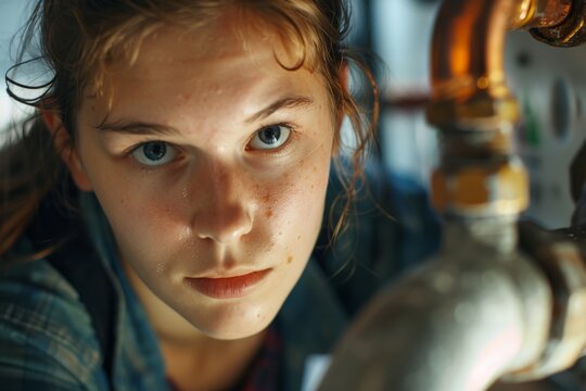 Young female apprentice plumber repairing leaky pipes