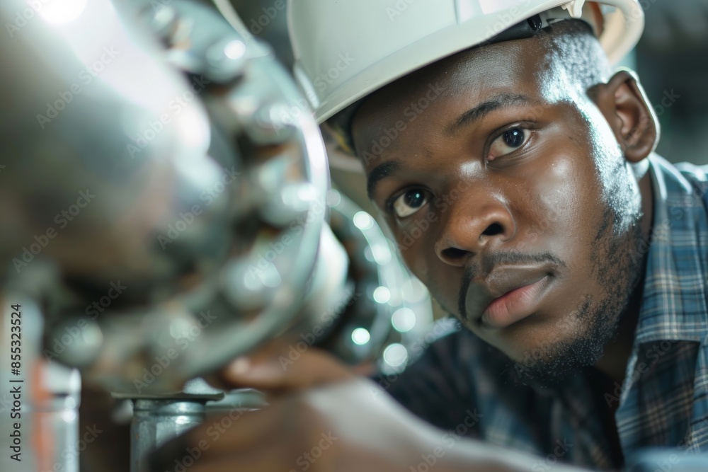 Aufkleber Industrial engineer wearing a hard hat is installing a pipeline in a factory