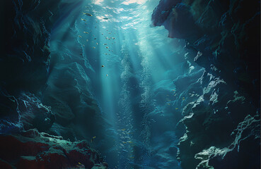 A dark, deep ocean canyon with sunlight filtering through the water and small fish swimming around