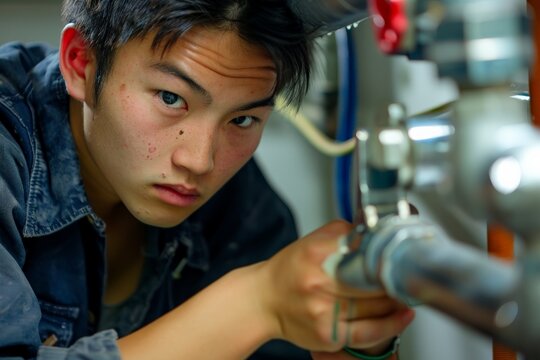 Young plumber repairing plumbing pipes under sink