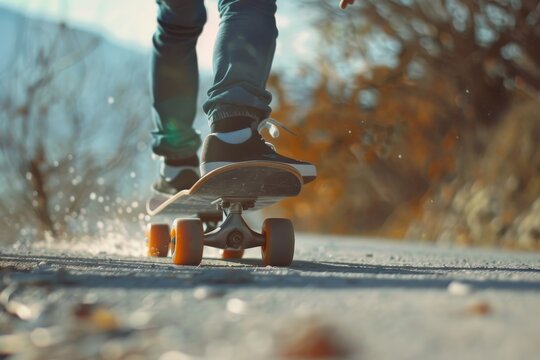 Teenager riding longboard on a rural road in autumn - Powered by Adobe