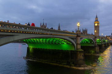 Big Ben, Houses of Parliament and Westminster Bridge, London, England at Dusk