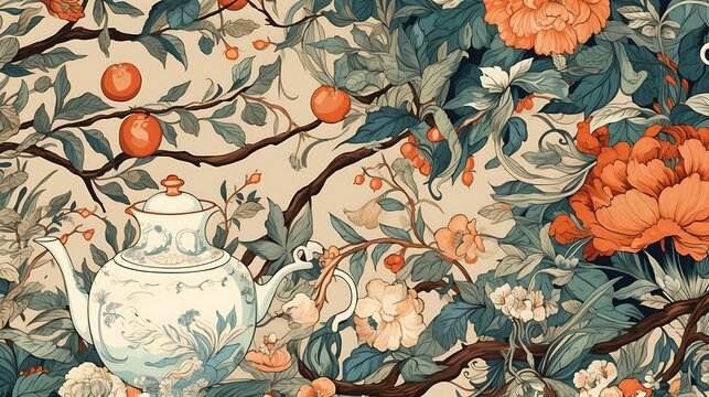 An illustration of a teapot with orange and white flowers. The teapot is blue and white with a floral pattern. - Powered by Adobe