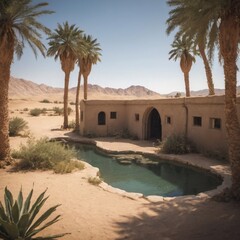 Naklejka premium a captivating desert oasis nestled amidst a rugged, rocky landscape