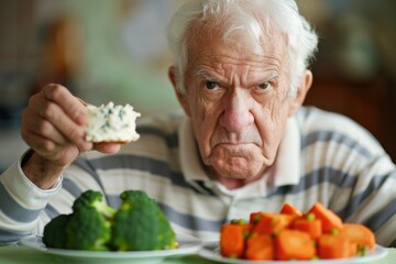 Senior man choosing between healthy food and unhealthy snack
