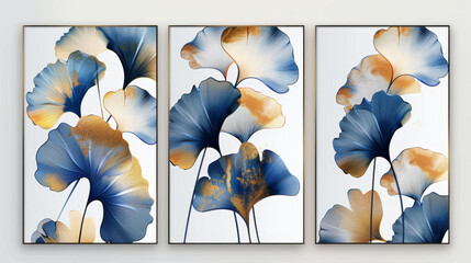 Abstract art vector background with ginkgo leaves in blue and gold tones on a white background, set of three frames for wall decoration