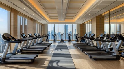 A spacious and modern gym in a hotel, featuring a row of treadmills facing a large window with a city view. The gym is well-lit and has a sleek, contemporary design.