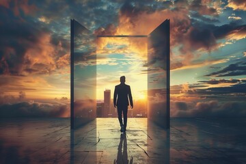 Fototapeta premium Silhouette of a man walking through a door frame towards a cityscape with dramatic sky at sunset. Conceptual image symbolizes new beginnings and opportunities. Inspirational and motivational