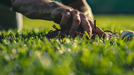 Baseball Player Diving to Catch Ground Ball on Pristine Green Field During Training