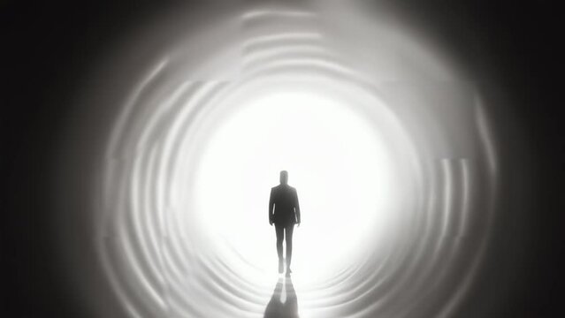 A silhouette of a person stands in a dark tunnel with light illuminating the exit, creating a dramatic and mysterious atmosphere. The scene is likely during night or twilight.