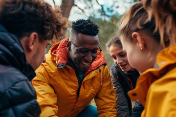 Fototapeta premium Diverse Team Building Activity Outdoors, Demonstrating Teamwork and Leadership