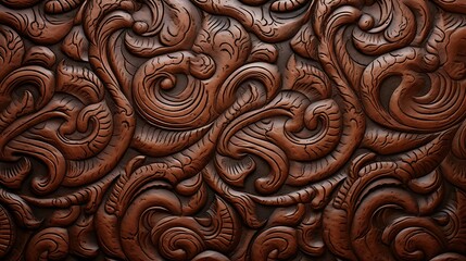 Carved wooden background with a floral pattern. The background is brown and the carving is a lighter shade of brown.