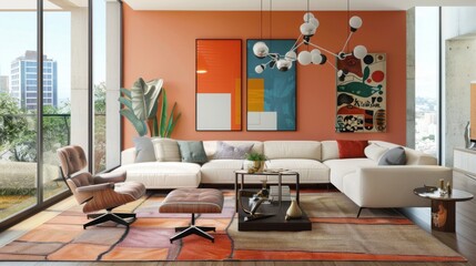 Fototapeta premium A modern living room features a white sectional sofa, a patterned rug, a coffee table with a glass top, and a large window with a city view