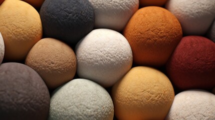 3D rendering of a pile of randomly colored balls with a suede-like texture. The balls are lit from above and have soft shadows.