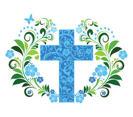 Flower Cross Made of Painted Floral Elements. Perfect for Easter, Baptism, and Christening Announcements. Flower Cross isolated on White background. Christian Symbol. Vector Illustration