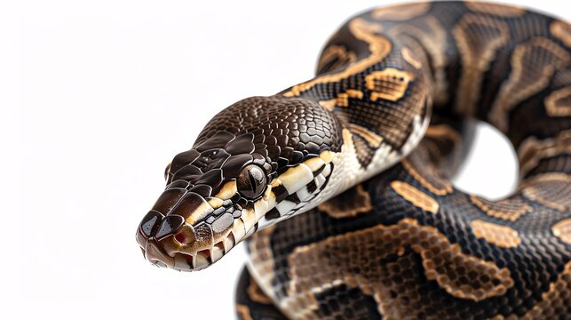Chocolate Ball Python A Chocolate Ball Python with smooth, rich brown tones, resting on an isolated white background for World Snake Day