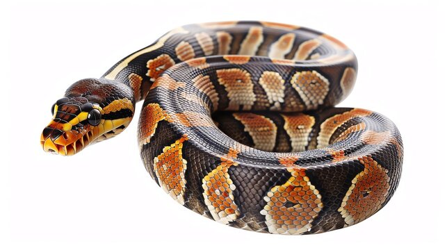 Fire Ball Python A bright and fiery Fire Ball Python, coiled gracefully on an isolated white background for World Snake Day