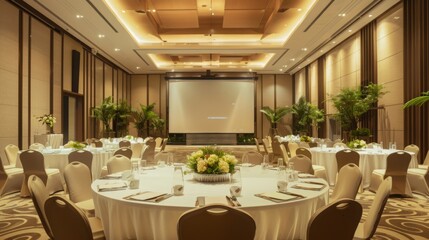 A large, empty hotel ballroom with white tablecloths, chairs, and a projection screen. The room is lit with warm overhead lights.