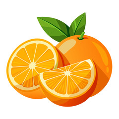 Whole and sliced orange with green leaf.
