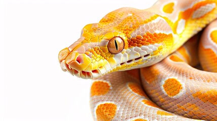 Fototapeta premium Orange Ghost Yellow Belly Ball Python An Orange Ghost Yellow Belly Ball Python with bright, contrasting colors, set on an isolated white background for World Snake Day