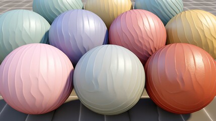 3D rendering of a group of pastel-colored balls with a bumpy surface arranged in a staggered pattern on a reflective surface.