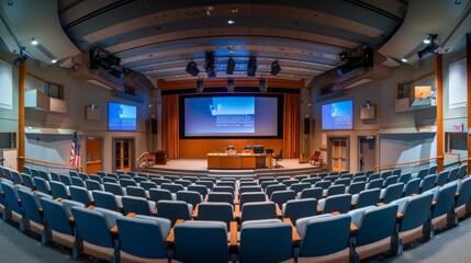 An empty auditorium with rows of seats facing a stage with a projection screen. The stage has a wooden podium and a few chairs.