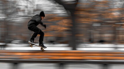 High-Speed Skater Performing Manual on Park Bench with Blurred Motion Background