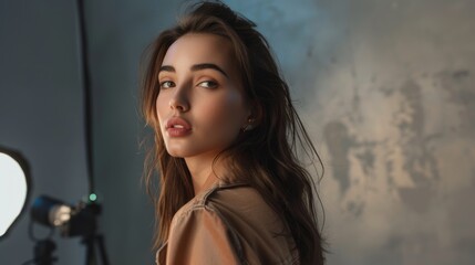 Fototapeta premium A professional model poses in front of the camera in fashionable clothes in a photo studio with a neutral background and lighting equipment.