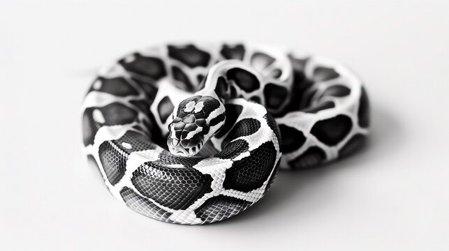 VPI Axanthic Ball Python A VPI Axanthic Ball Python with monochromatic, black and white patterns, set against a clean white background for World Snake Day