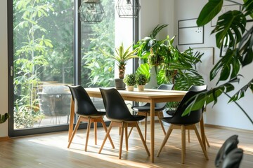 Fototapeta premium Modern Scandinavian dining room interior with ample natural light and indoor plants