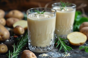 Lactose-free vegan milk is poured into a glass against a rustic backdrop of potatoes, herbs, and spices, offering sophisticated taste and aroma. Ample copy space allows for versatile applications