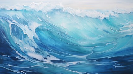 An abstract painting of a wave. The wave is depicted in shades of blue and white, with a white crest.