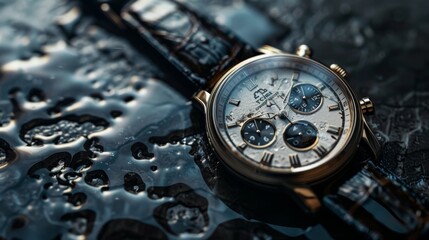 Fototapeta premium Elegant Luxury Watch on Textured Surface with Detailed Reflections