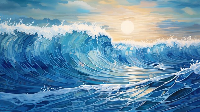 The image is a painting of a rough sea in a stormy weather. The waves are depicted as large and powerful. The sky is dark and cloudy.