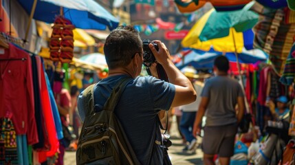 Fototapeta premium A street photographer takes a street portrait shot.