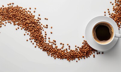 Naklejka premium A white cup of black coffee and coffee beans on a white background. The beans form a curved outline, creating an elegant frame for text, perfect for coffee advertisements
