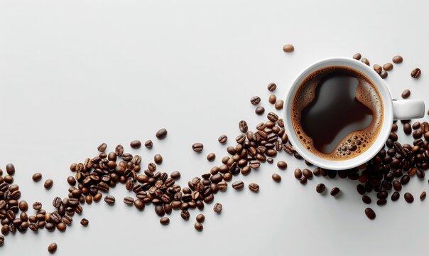 A minimalist white cup of black coffee on a white background with coffee beans arranged in a curved outline. The design offers a clean and elegant frame for text, emphasizing coffee's allure