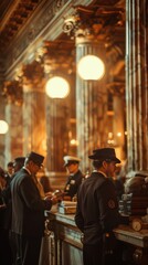 Obraz premium Vintage scene of elegantly dressed men in hats and suits at an opulent interior with ornate columns and warm lighting.