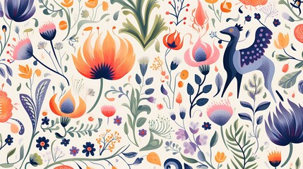 A beautiful floral pattern with a variety of flowers, leaves, and a horse.