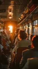 Vintage tram ride during golden hour with passengers seated on wooden benches, sunlight streaming through windows casting a warm nostalgic glow.