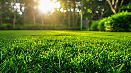Lush green grass with sunlight bokeh.