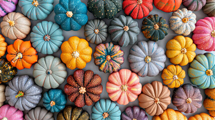 Fototapeta premium Colorful pumpkins on gray background.